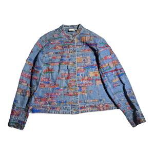 Vtg 1990s Chico's Blue Light Wash Colorful Patchwork Collarless Denim Jacket 1 M
